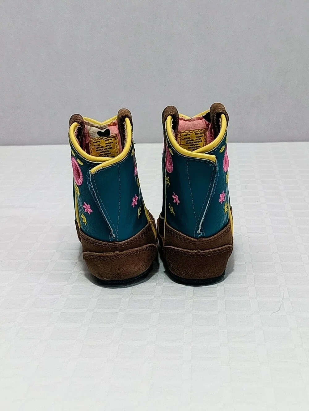 John Deere Brown & Teal Toddler Western Boots with Pink & Yellow Accents